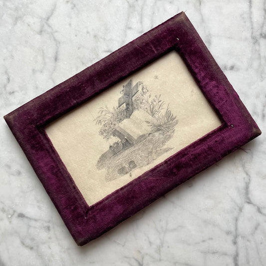 Victorian Devotional Pencil Sketch in Purple Velvet Frame