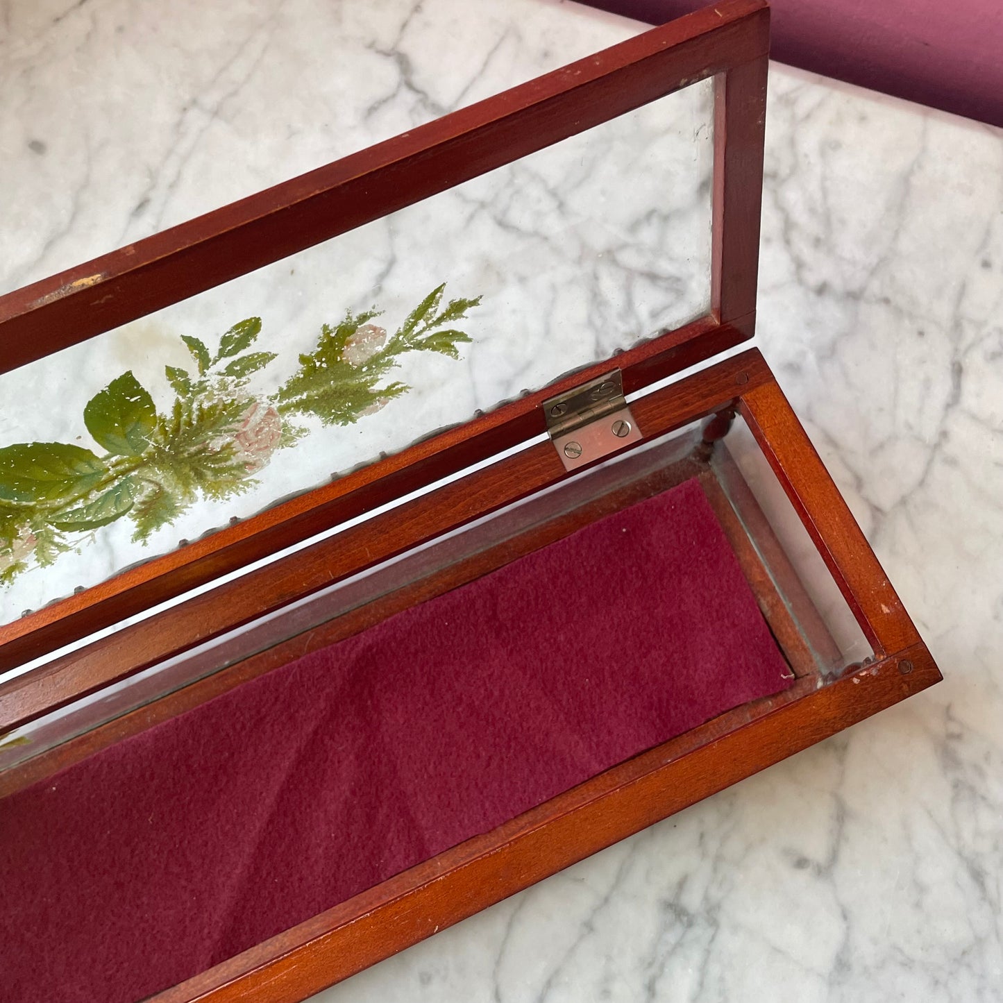Antique Glass & Wood Glove Box