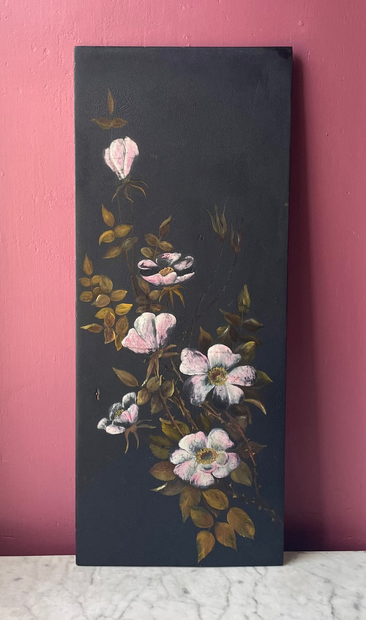 Antique Black Floral Painting on Board