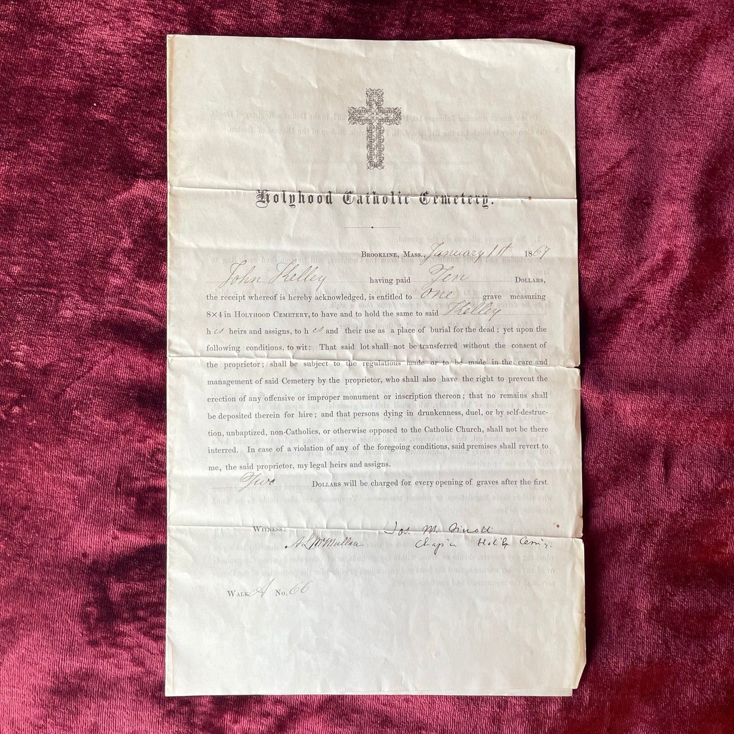 Holyhood Catholic Cemetery Deed | 1867