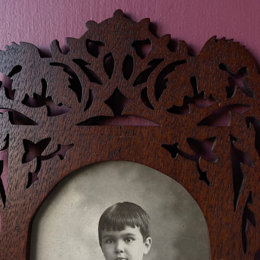 Antique Photo of Girl with Short Hair in Wooden Frame