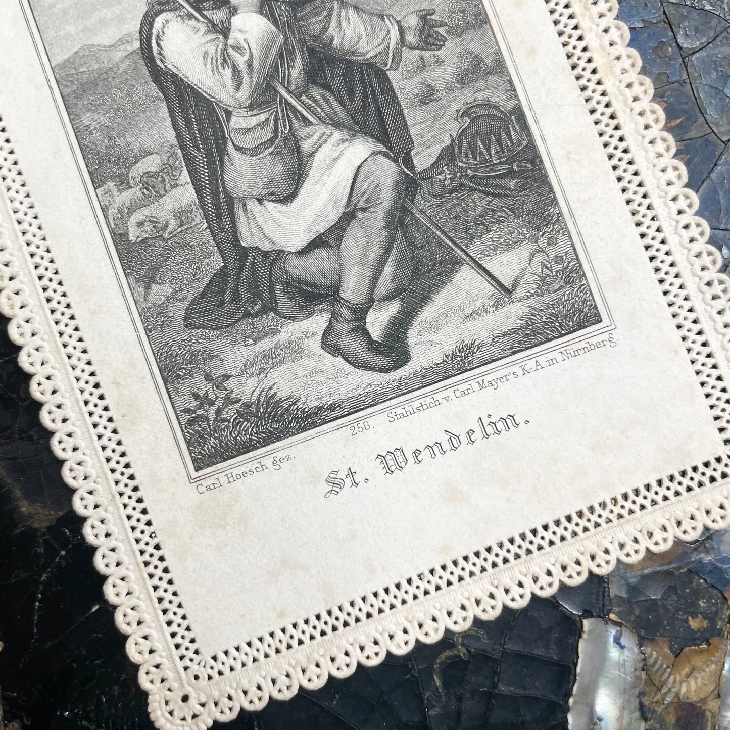 Antique Lace Paper Holy Card | Saint Wendelin