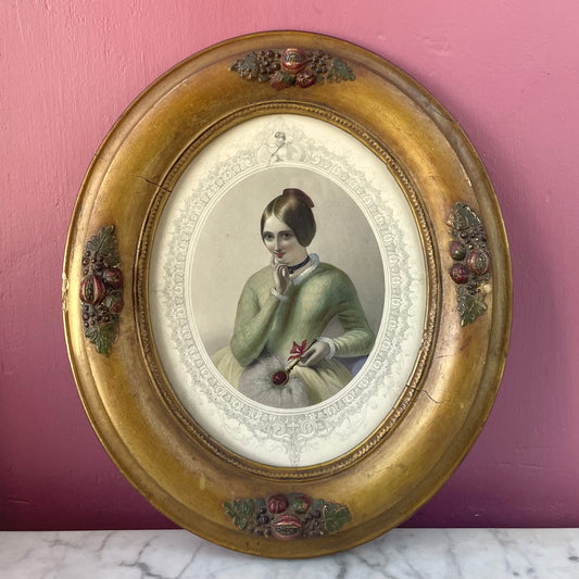 Victorian Hand Colored Print in Oval Frame