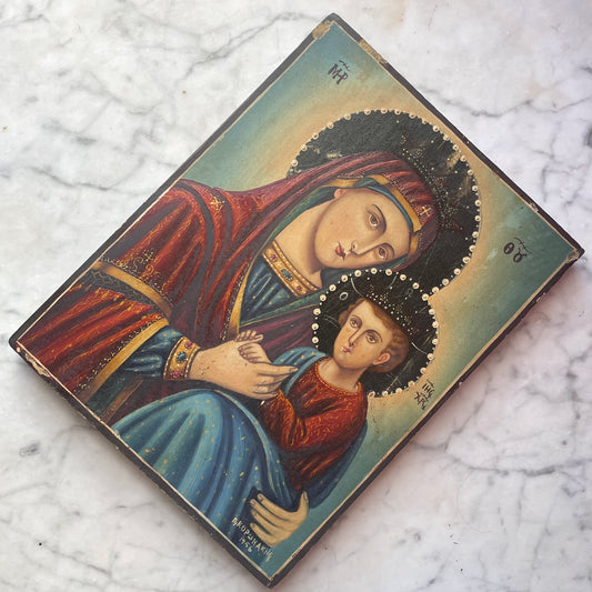 Vintage Orthodox Hand Painted Icon on Board | P. Koronakis | 1956