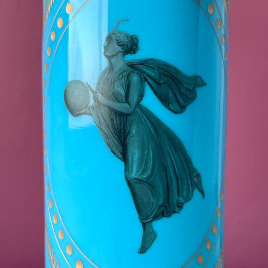 Victorian Blue Opaline Glass Vase with Etched Goddess Figure