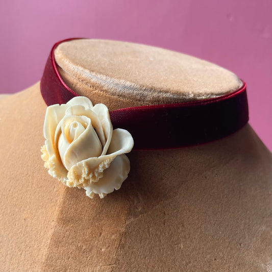 Antique Carved Bone Rose on Velvet Choker