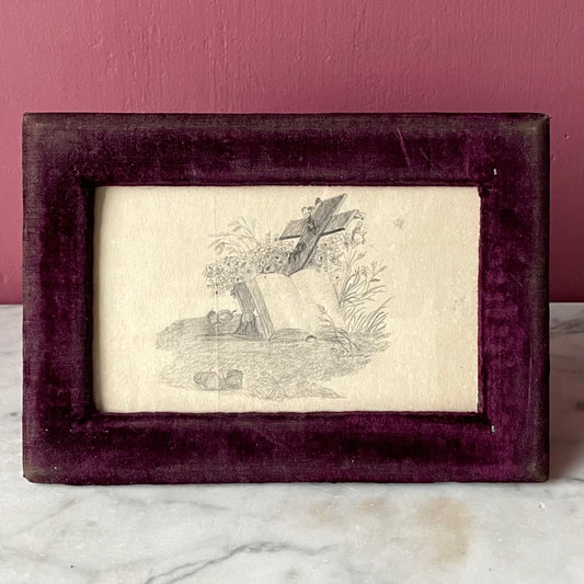 Victorian Devotional Pencil Sketch in Purple Velvet Frame