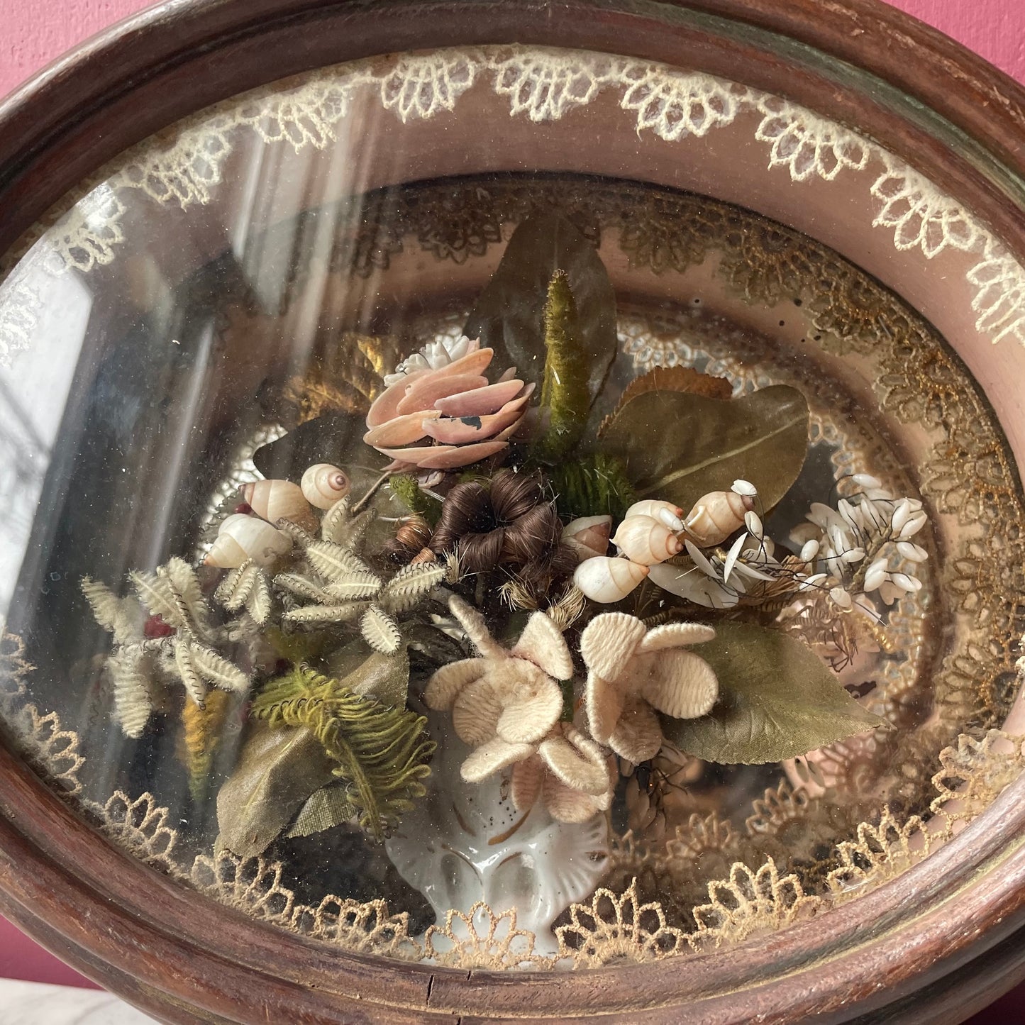 Victorian Floral Shadow Box with Hair, Wool, and Shell Work