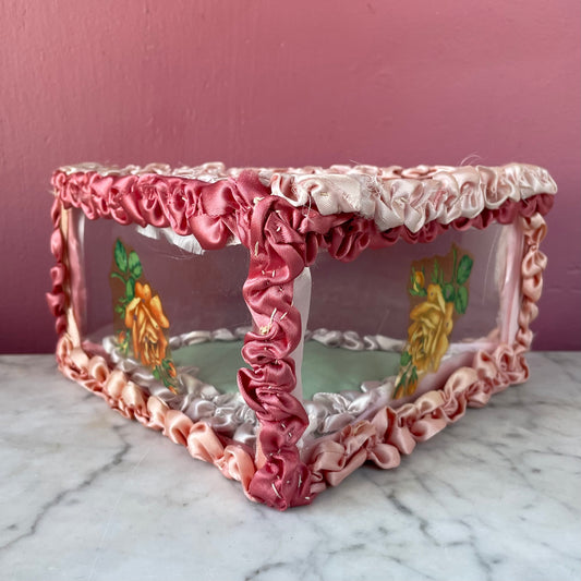 Antique Glass & Ribbonwork Handkerchief Box