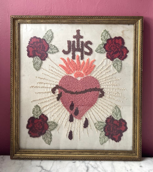 Antique Sacred Heart Crewel Embroidery