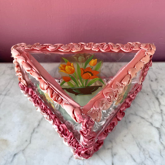 Antique Glass & Ribbonwork Handkerchief Box