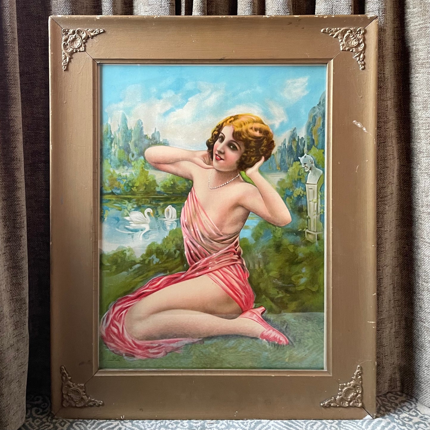 Girl & the Devil | Antique 1929 Lithograph Print