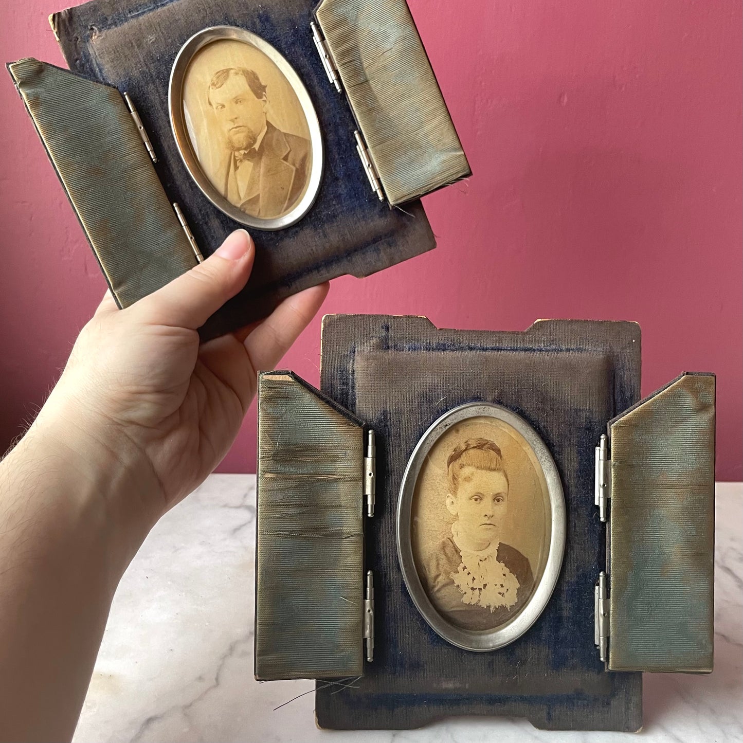 Victorian Photos on Glass in Blue Velvet Frames