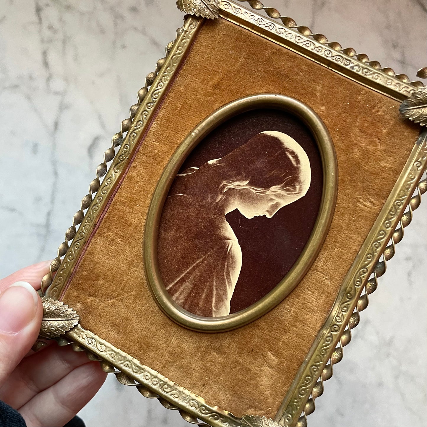 Victorian Mary Magdalene Photo in Velvet & Brass Frame