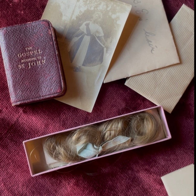 Antique Keepsake Box with Locks of Hair, Photos & Miniature Book