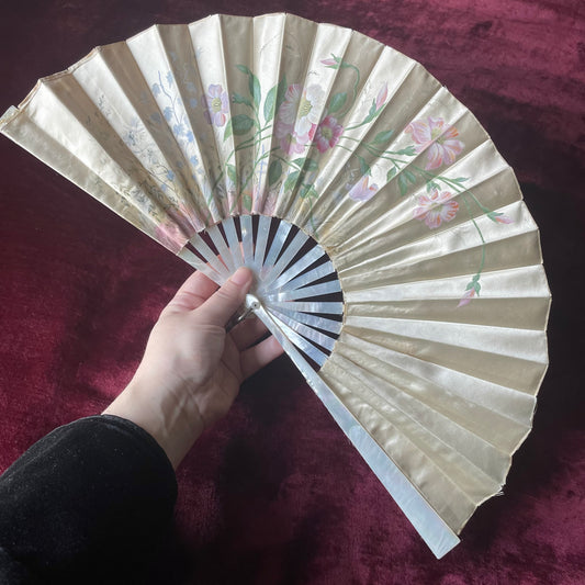 Victorian Painted Silk Fan with Mother of Pearl