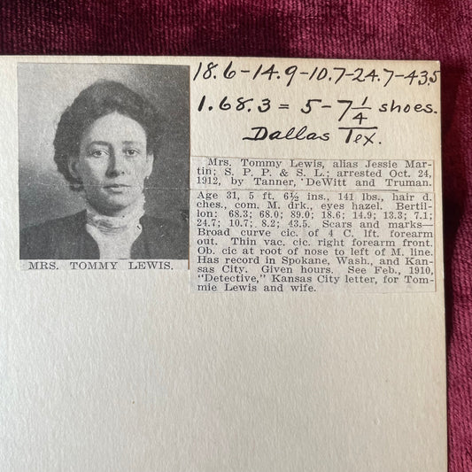 Antique Mugshot Card of Female Offender | Bertilon Card