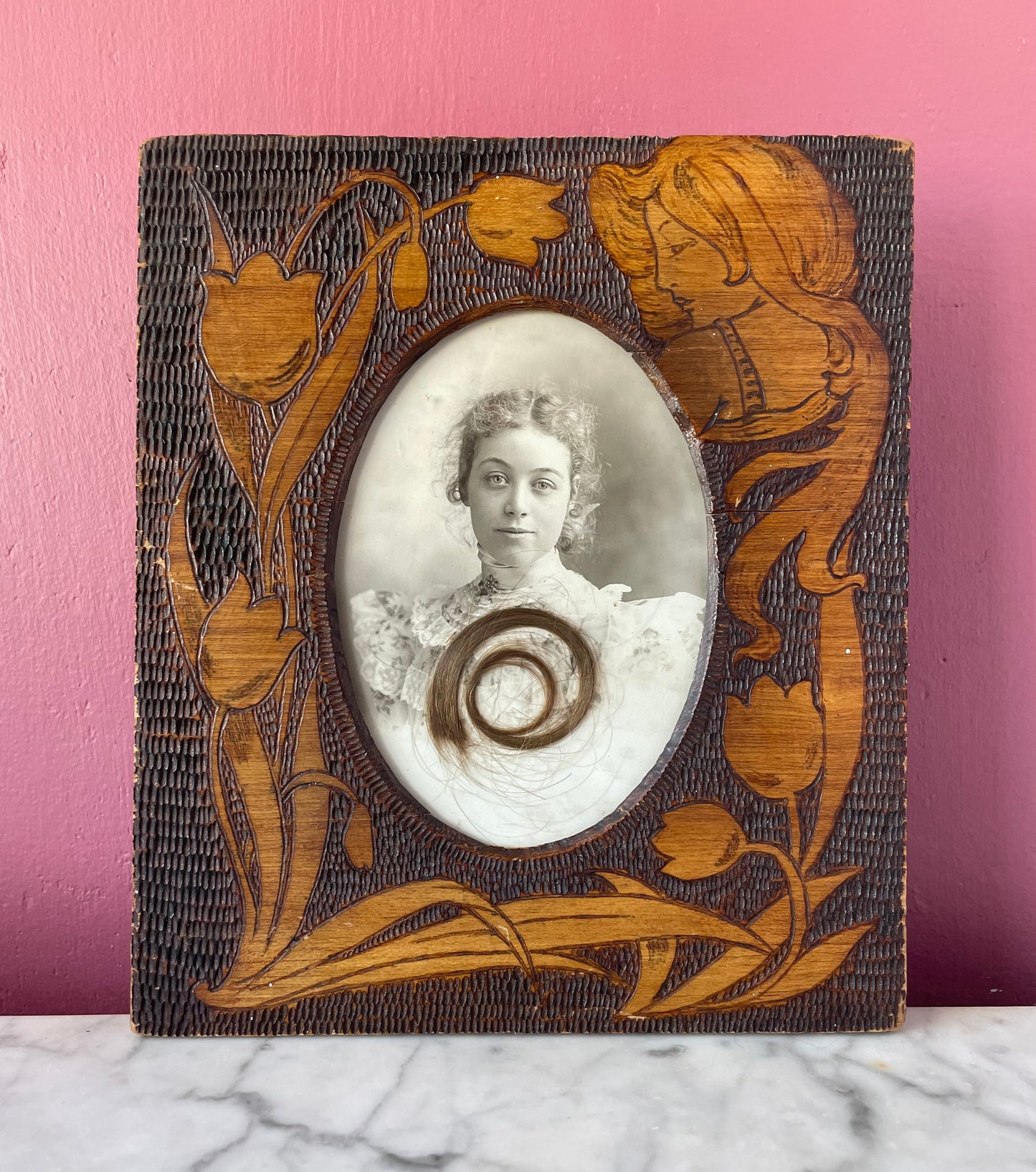 Antique Art Nouveau Pyrography Frame with Photo & Hair