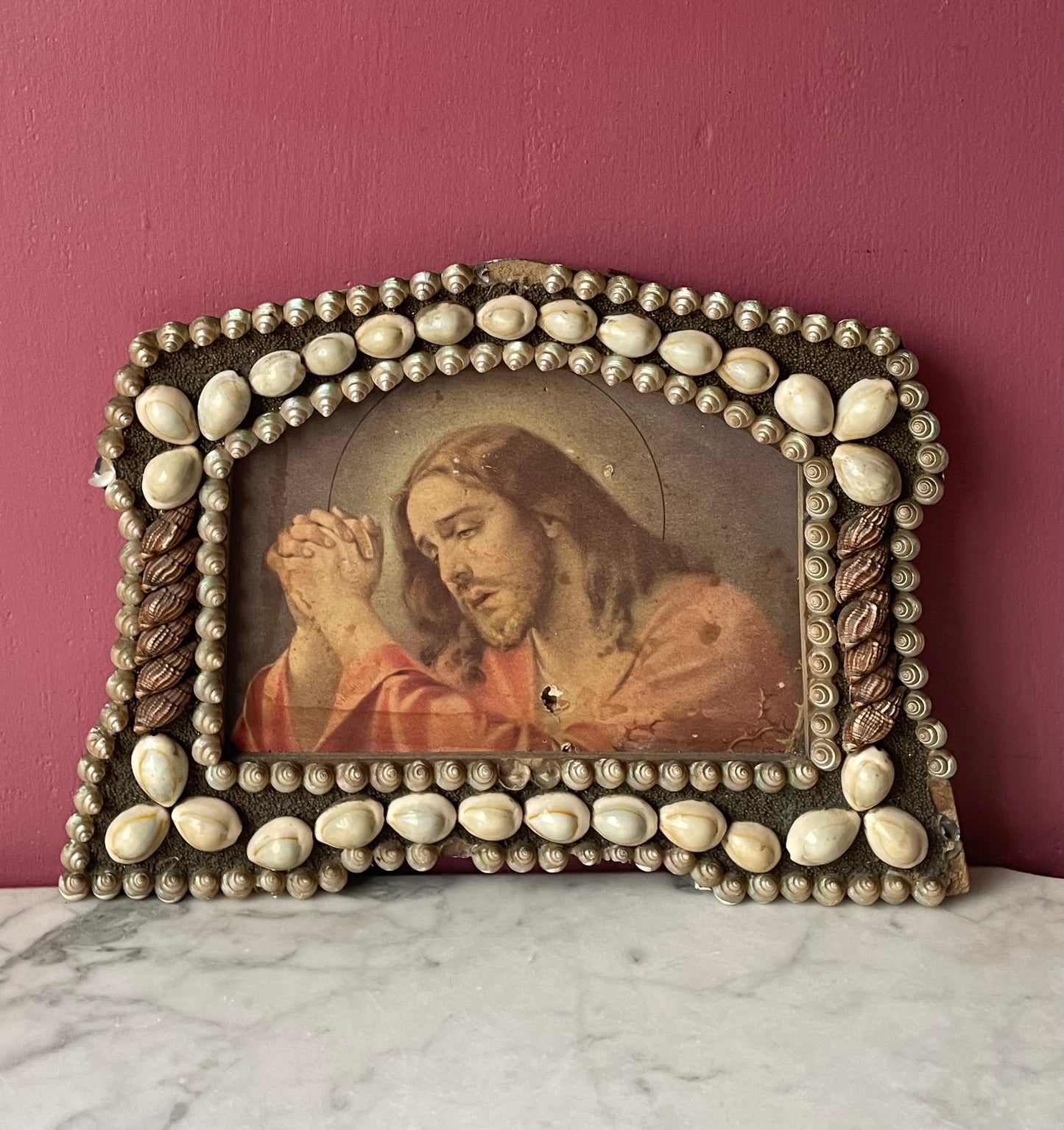 Antique Shellwork Frame with Christ Lithograph