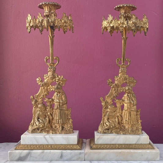 Antique Victorian Brass & Marble Candleholders