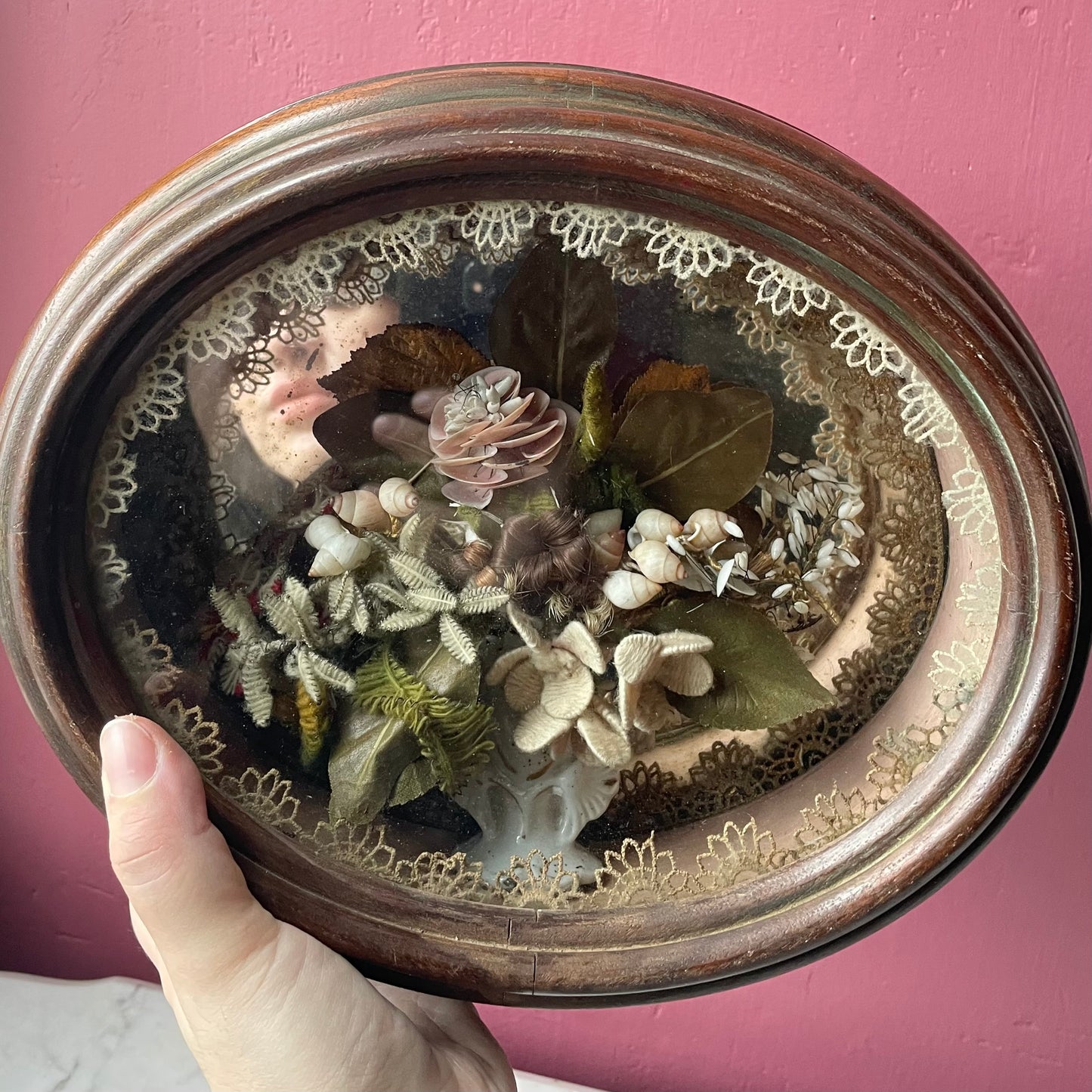 Victorian Floral Shadow Box with Hair, Wool, and Shell Work