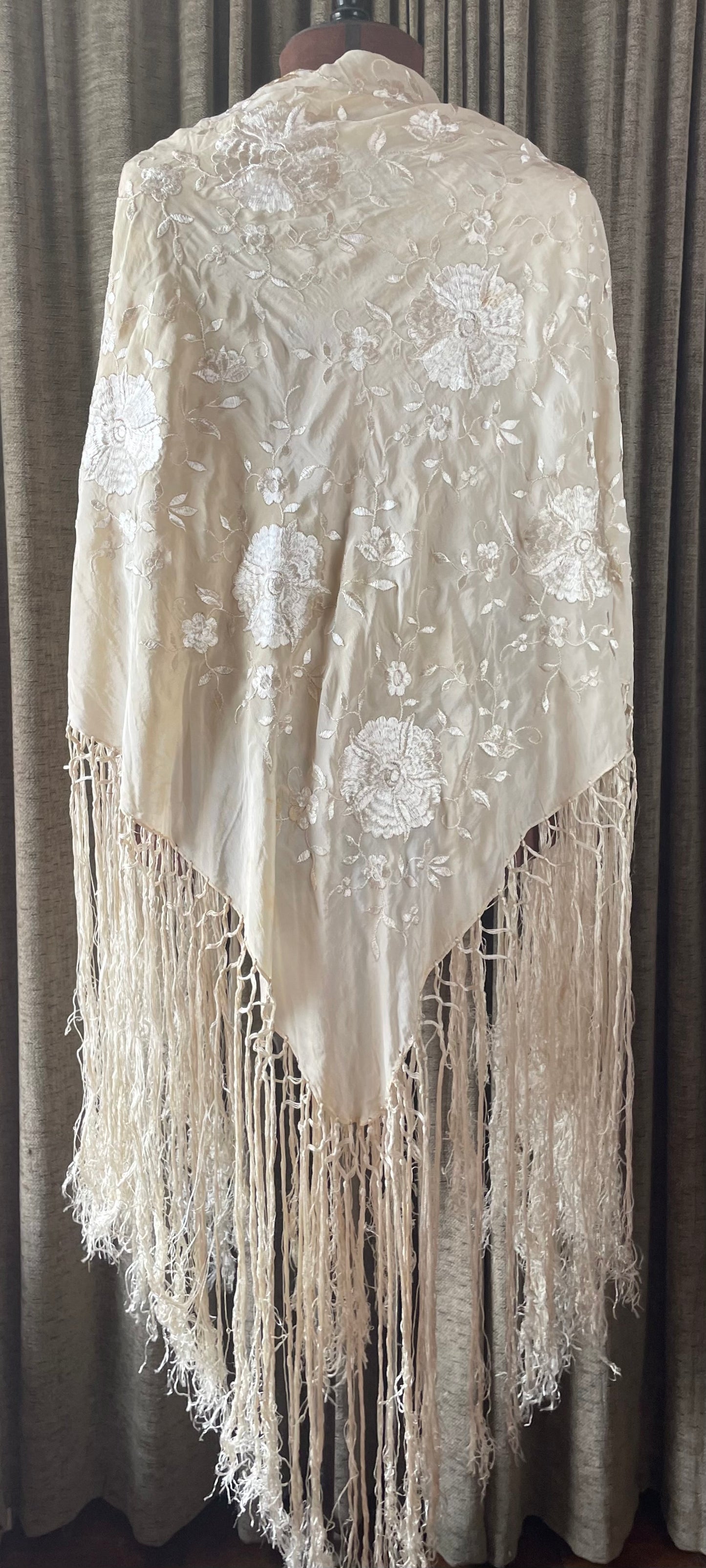Antique Embroidered Silk Piano Shawl