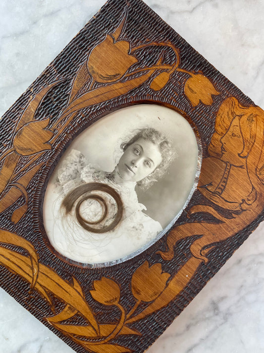 Antique Art Nouveau Pyrography Frame with Photo & Hair