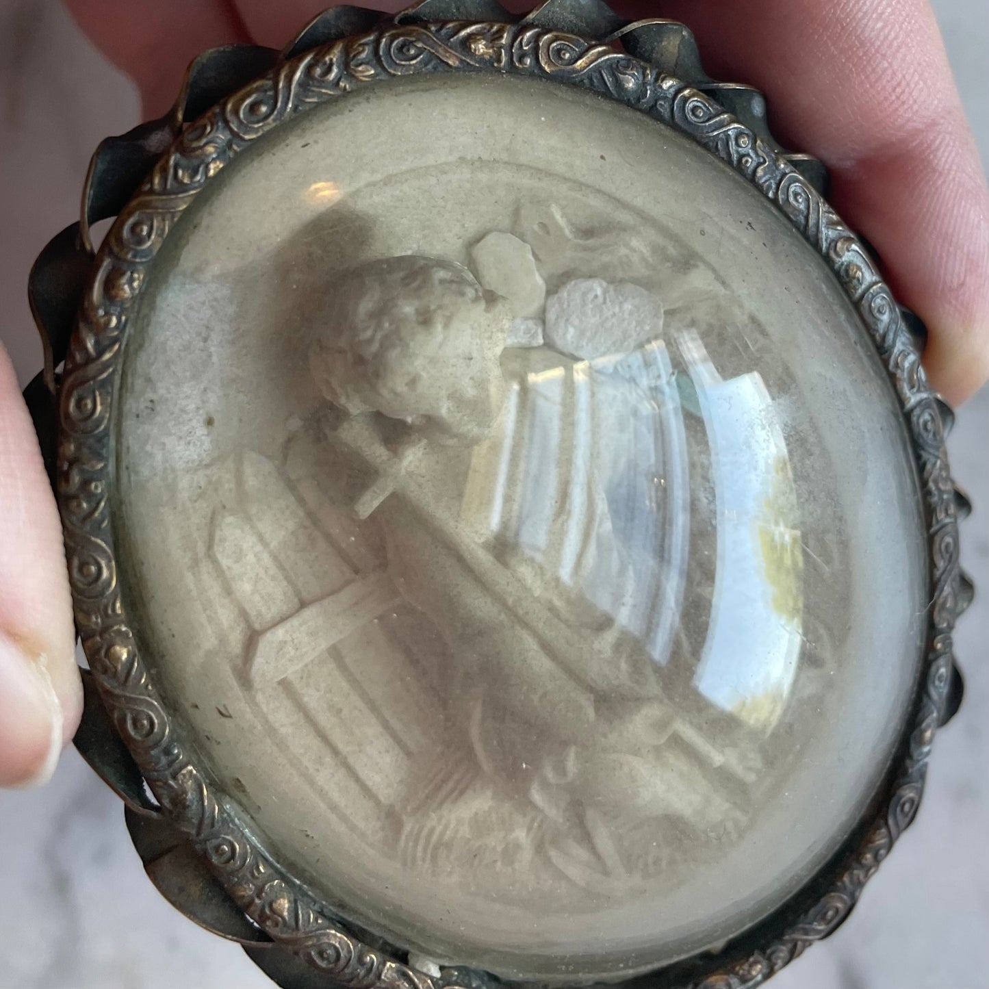 Antique Infant Christ Meerschaum Carving under Glass