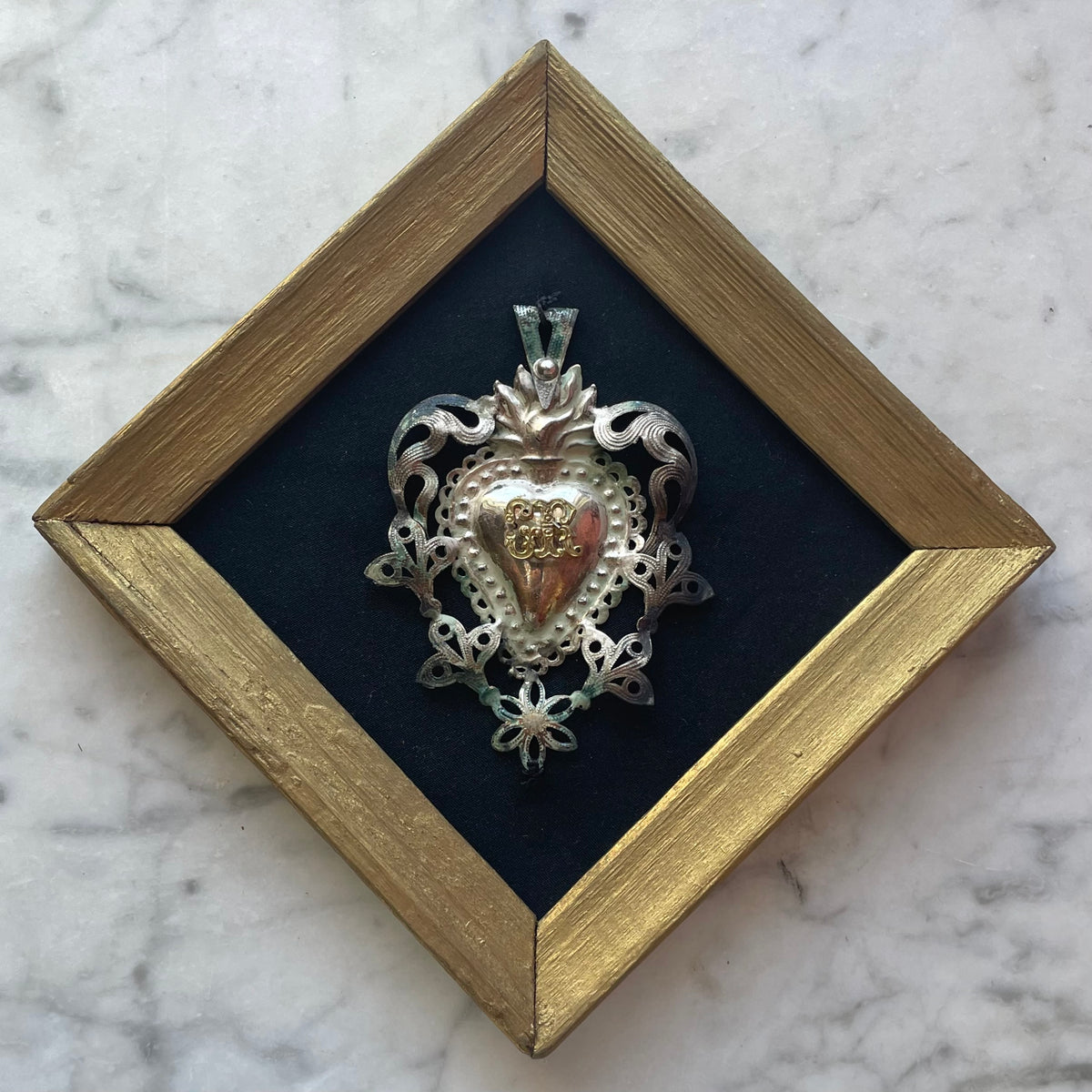 Antique Sterling Silver Sacred Heart in Original Frame | Grazia Ricevuta
