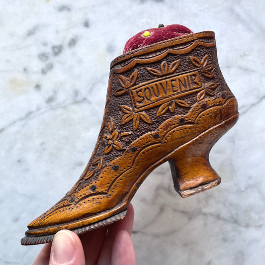 Antique Carved Wood Shoe Pincushion