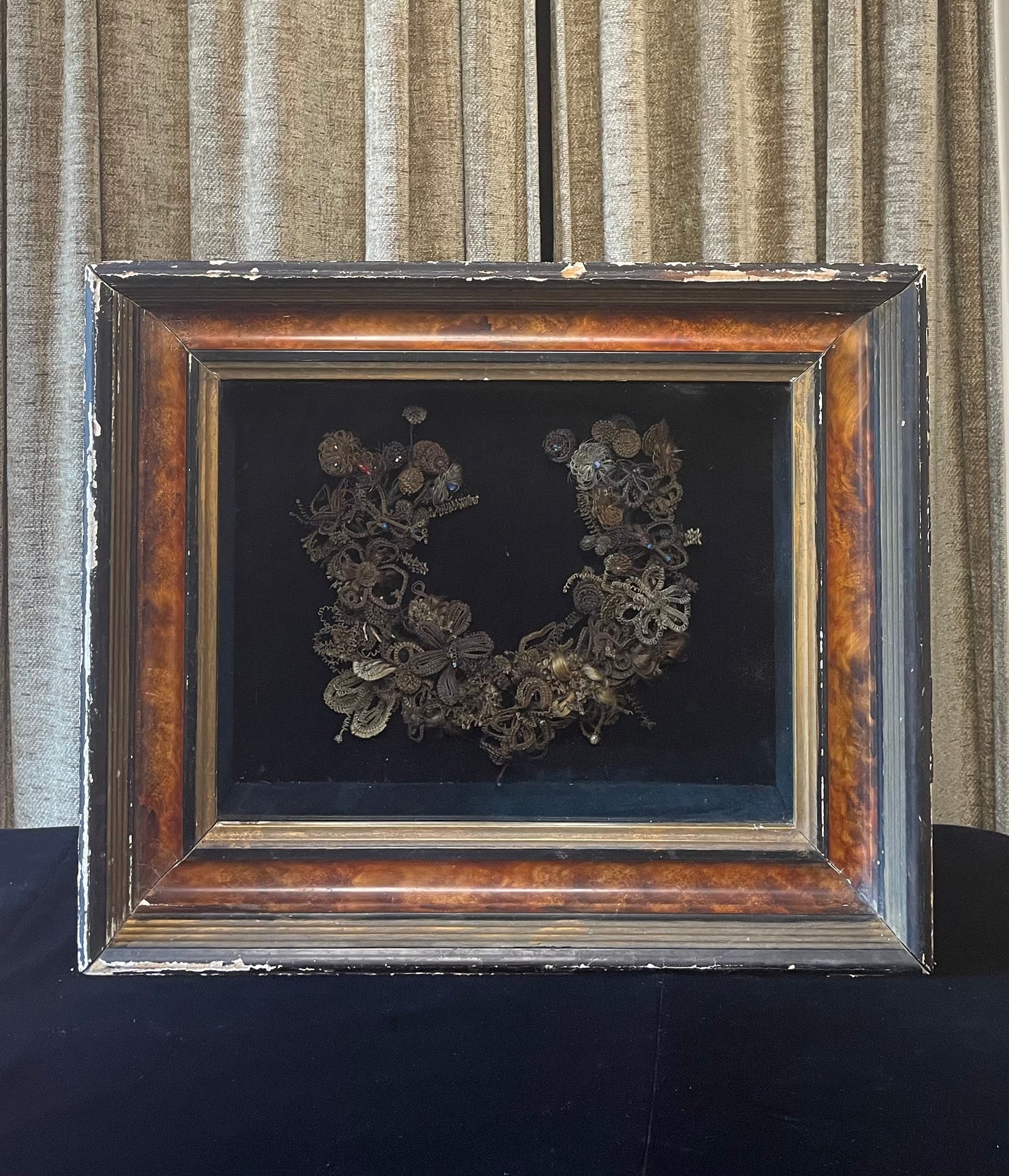 Victorian Hair Wreath in Wooden Shadow Box