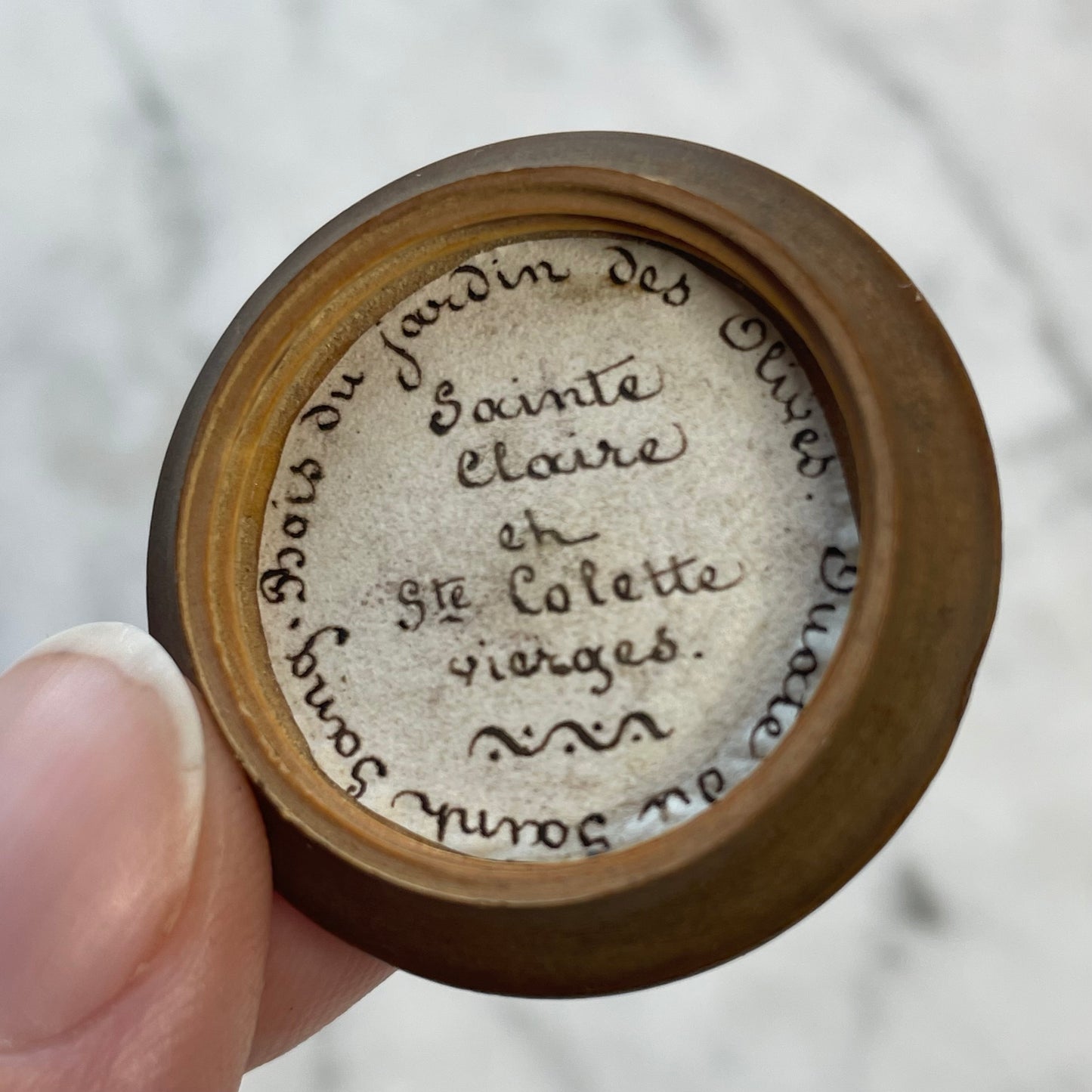 Antique Saint Colette Pocket Reliquary in Olive Wood Box
