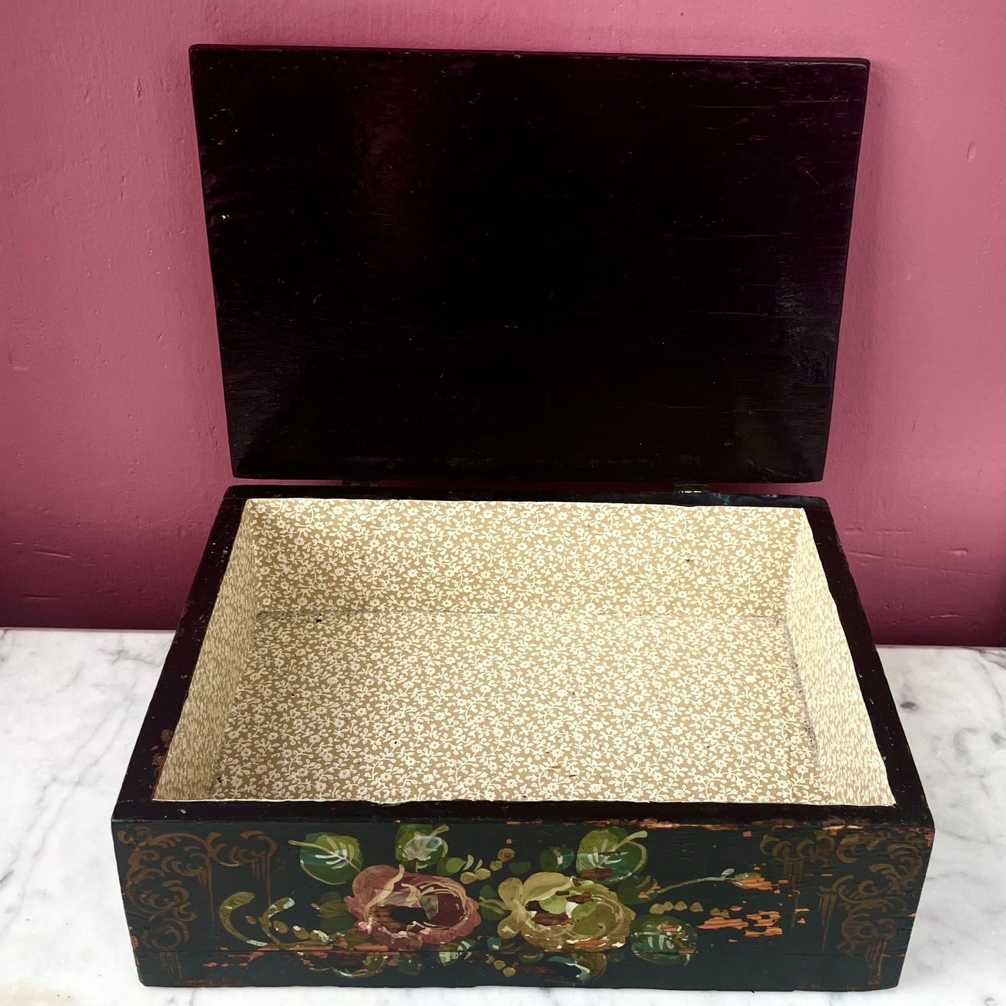Victorian Floral Painted Box with Mother of Pearl