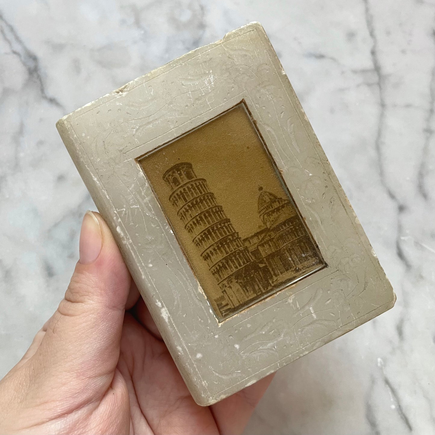 Antique Alabaster Book Shaped Paperweight | Tower of Pisa Grand Tour Souvenir