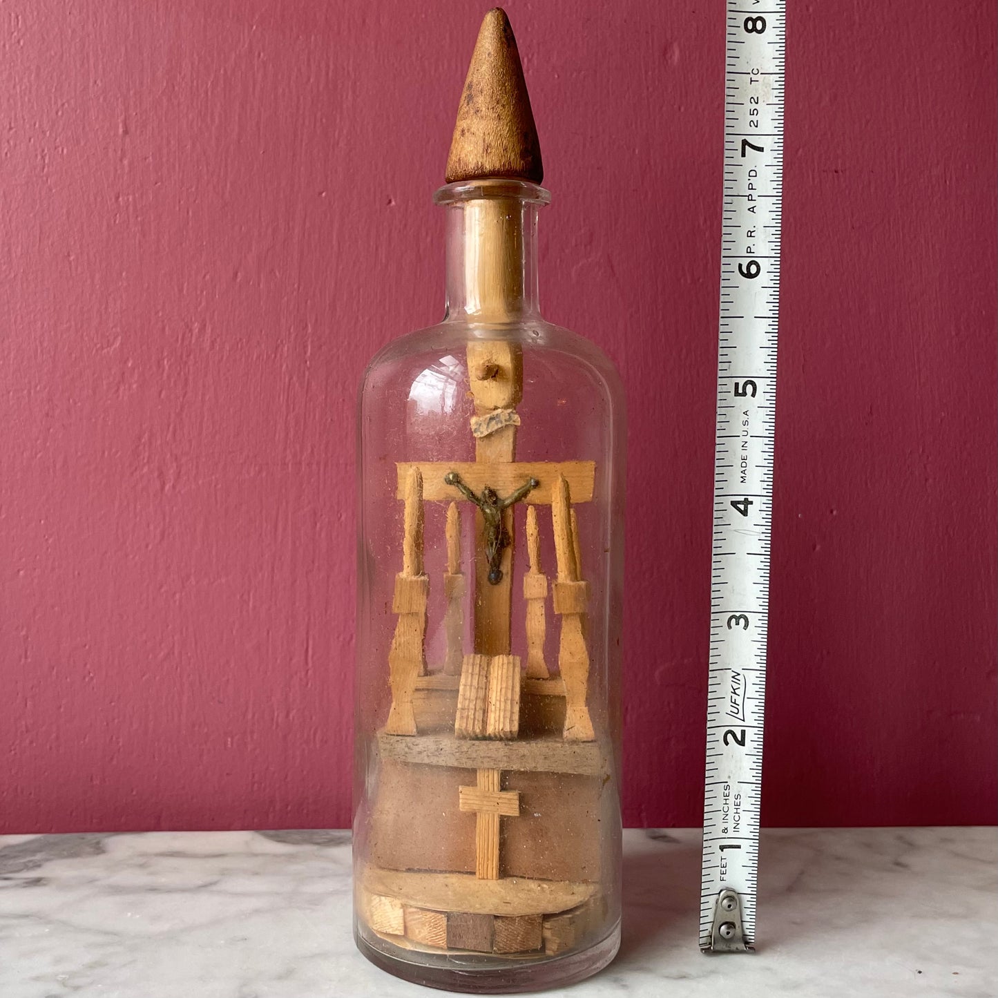 Antique Folk Art Bottle Assemblage with Crucifix on an Altar