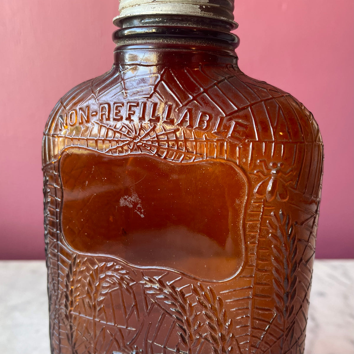 Antique Amber Spiderweb Whiskey Bottle | Four Roses