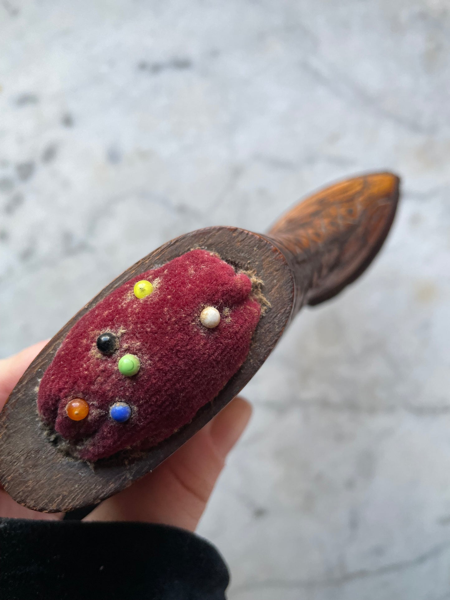Antique Carved Wood Shoe Pincushion