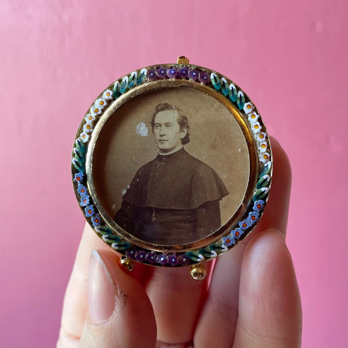 Antique Priest Photo in Miniature Micromosaic Frame