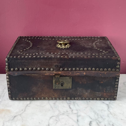 Antique Leather Tack Trunk with Marbled Paper Interior