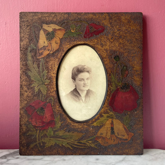Antique Poppy Pyrography Frame