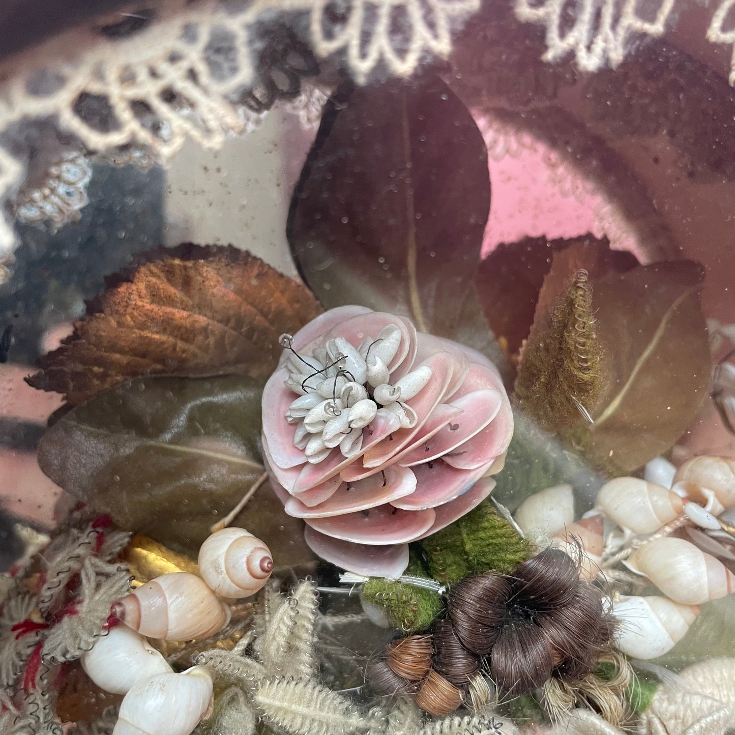 Victorian Floral Shadow Box with Hair, Wool, and Shell Work