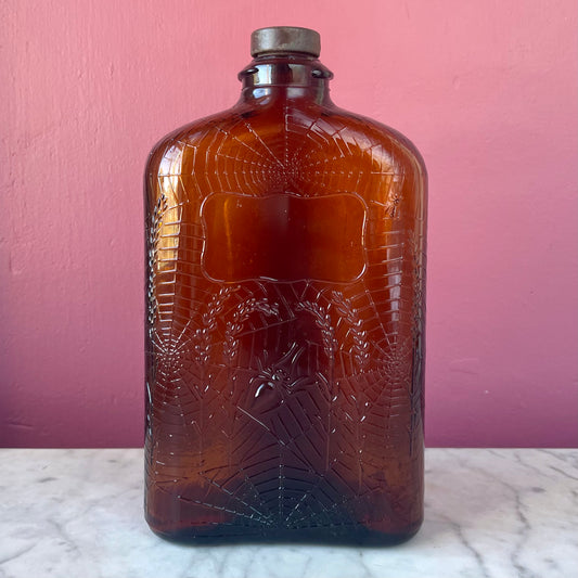 Antique Spiderweb Amber Glass Whiskey Bottle | Full Quart | 32 oz