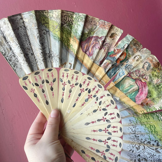 Victorian Pierced Bone Fan with Hand Colored Leaves