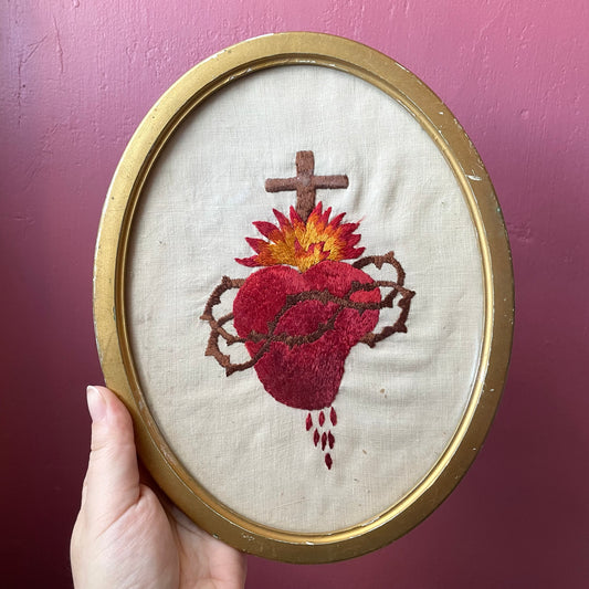 Antique Sacred Heart Embroidery in Oval Frame