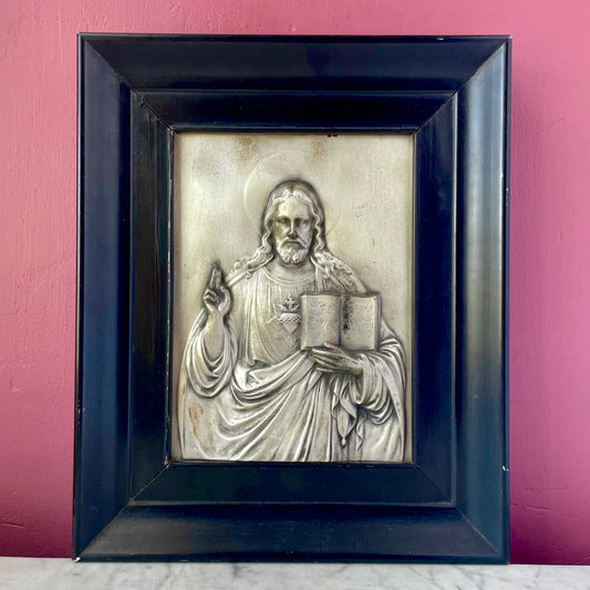 Ego Sum Lux Mundi | Antique Religious Plaque in Wooden Frame