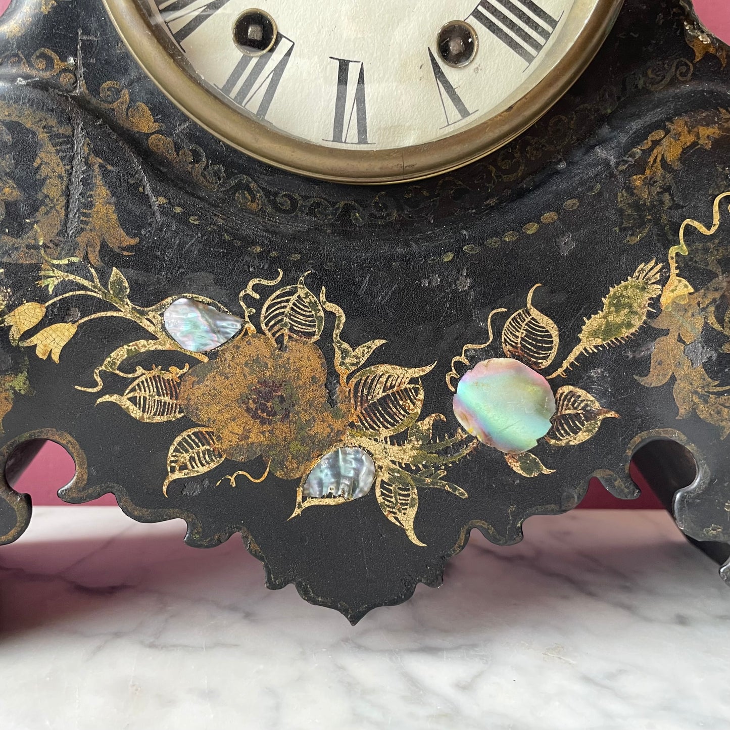 Victorian Cast Iron Mantle Clock with Mother of Pearl Inlay
