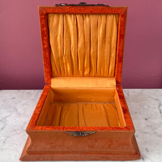 Victorian Orange Velvet Box with Decorative Metal Top and Silk Interior