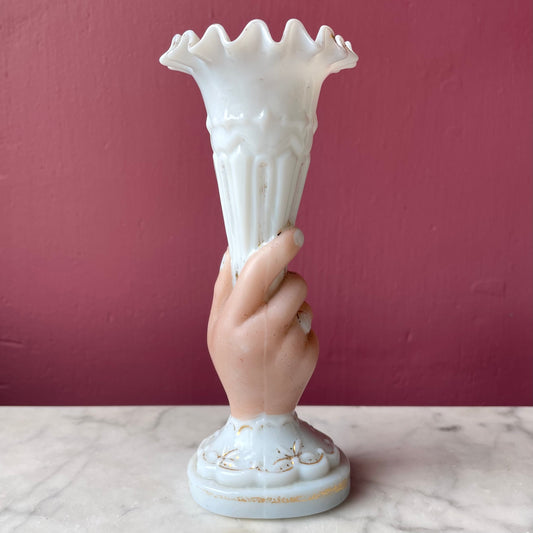 Victorian Lady's Hand Milk Glass Bud Vase