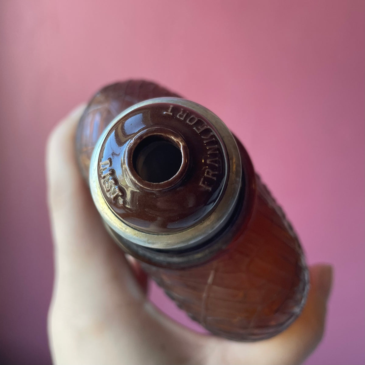 Antique Amber Spiderweb Whiskey Bottle | Four Roses