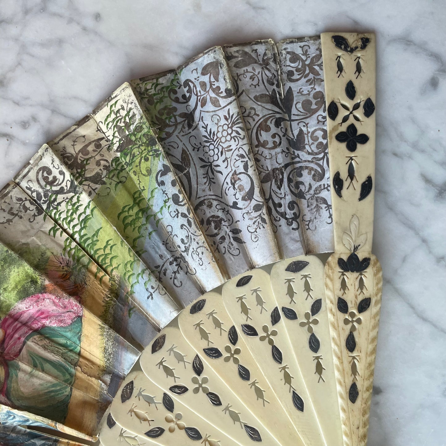 Victorian Pierced Bone Fan with Hand Colored Leaves
